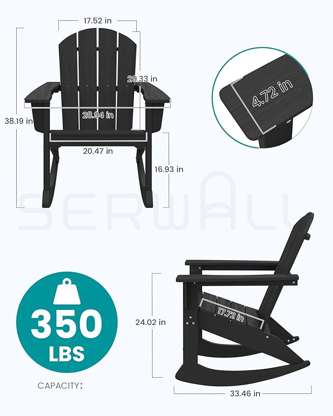 SERWALL Outdoor Adirondack Rocking Chairs Set of 2, All-Weather HDPE Adirondack Rocker Chair, Front Porch Rocker Chairs for Patio Lawn Porch Deck, Black