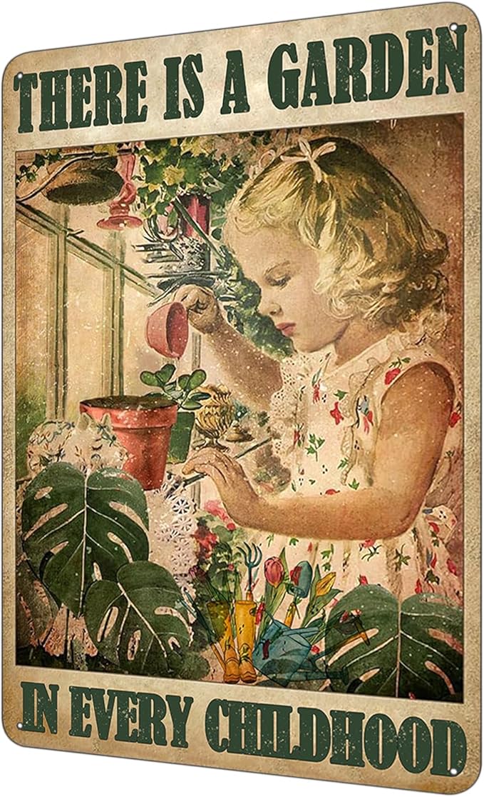 Vintage Garden Sign, There Is A Garden In Every Childhood Metal Signs, Retro Backyard Fence Poster, Vintage Yard Gardening Decor Outdoor, Gardening Gift for Woman, Grandma 8 * 12"