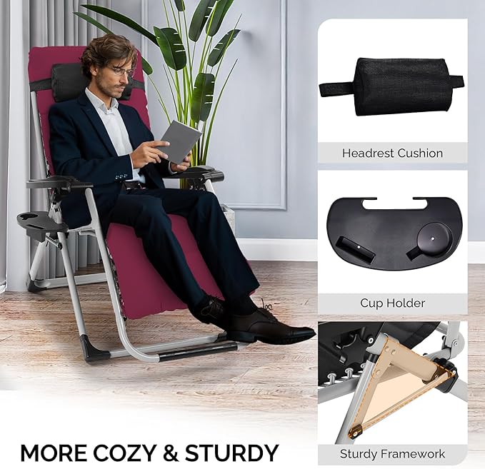 Bonnlo Padded Zero Gravity Chair, Lounge Chair Recliner Chair with Removable Cushion & Tray， Folding Reclining Patio Chairs， Recliner Chair for Lawn，Indoor and Outdoor