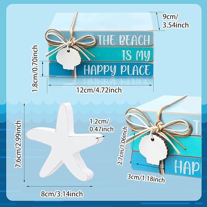 Pinkunn 4 Pcs Beach Table Decor Starfish Seashell Coastal Wooden Block Sign Centerpiece Rustic Nautical Decorative Signs & Plaques for Home Office Desk Shelf Farmhouse Home Living Room(Starfish Shell)
