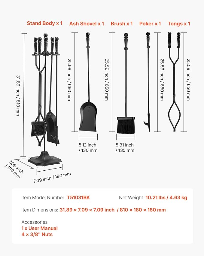 VEVOR Fireplace Tool Set, 5 PCS Fire Tool Set and Holder with Five-Prong Stand, Tongs, Ash Shovel, Brush, Fire Place Poker, Wrought Iron Fireplace Accessories for Campfire Indoor/Outdoor, Black