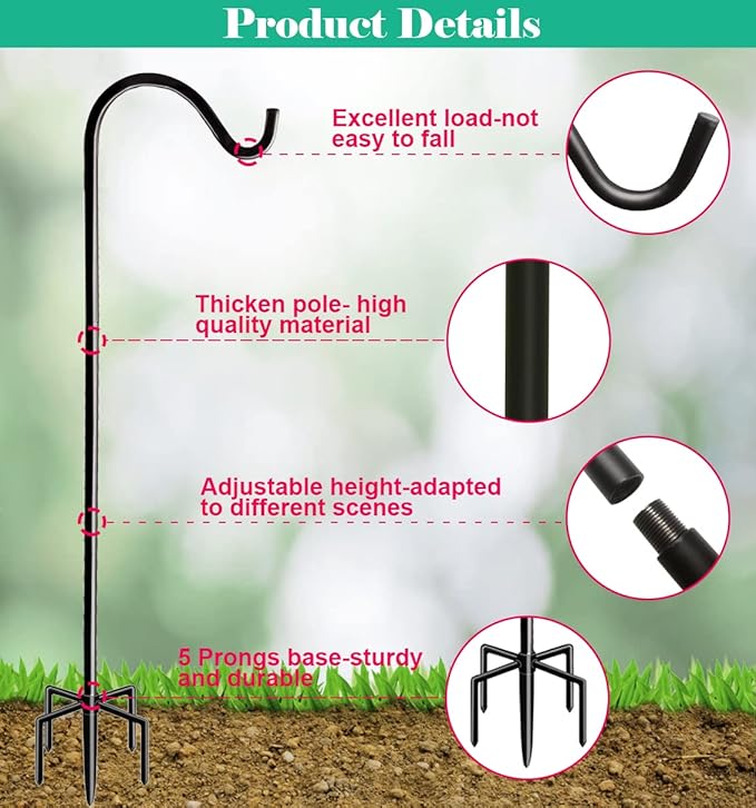 76 Inch Tall Outdoor Shepherds Hook with 5 Prong Base, Adjustable Bird Feeder Pole Hanger for Hanging Outside Birdfeeders, Plant Baskets, Lanterns, Wedding Decor
