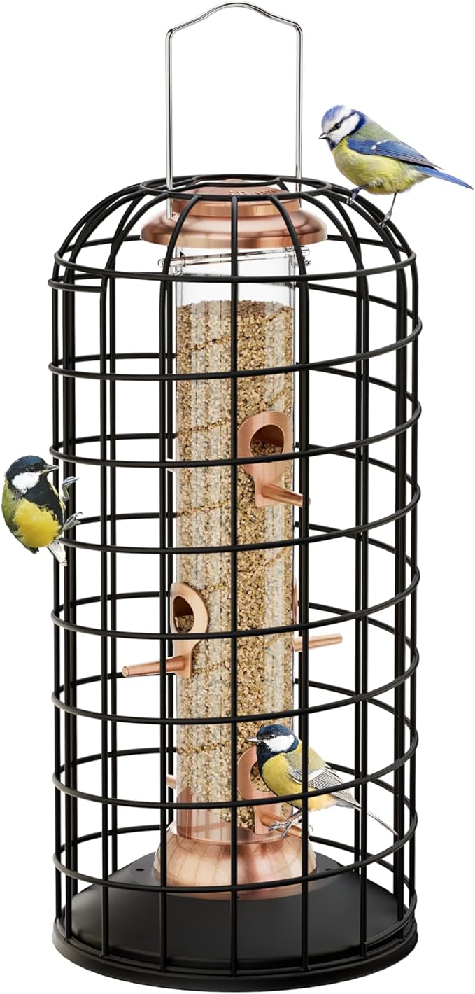iBorn Bird Feeders Hanging - Squirrel Proof Bird Feeders for Outdoors, Pigeon Proof Caged Feeder, Heavy Duty All Metal Copper 14 Inch, Hanging Cage Feeder for Mix Seed Blends & Garden