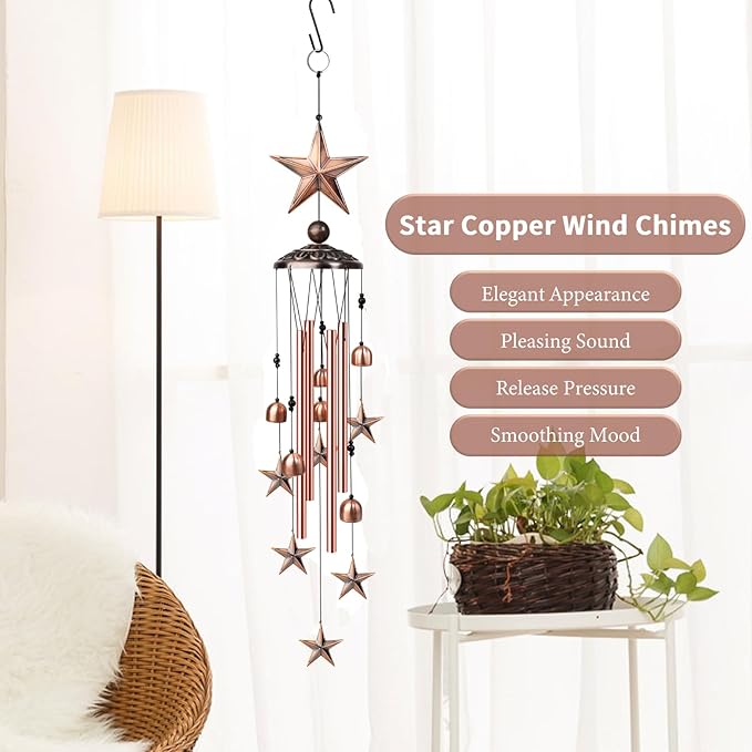 Star Wind Chimes for Outside, 35" Wind Chimes with 4 Aluminum Tubes Hanging Bells, Memorial Windchimes Outdoors with S Hook for Patio Garden Decor, Unique Gift for Mom Grandma Housewarmi