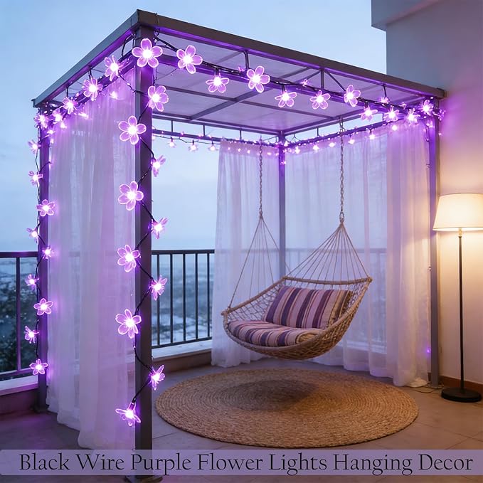 Purple Flower Fairy String Lights on Black Wire, Plug in Connectable 33FT 100 LED Waterproof with 8 Modes for Indoor Outdoor Christmas, Valentine's Day, Wedding Party & Patio Balcony Ambiance