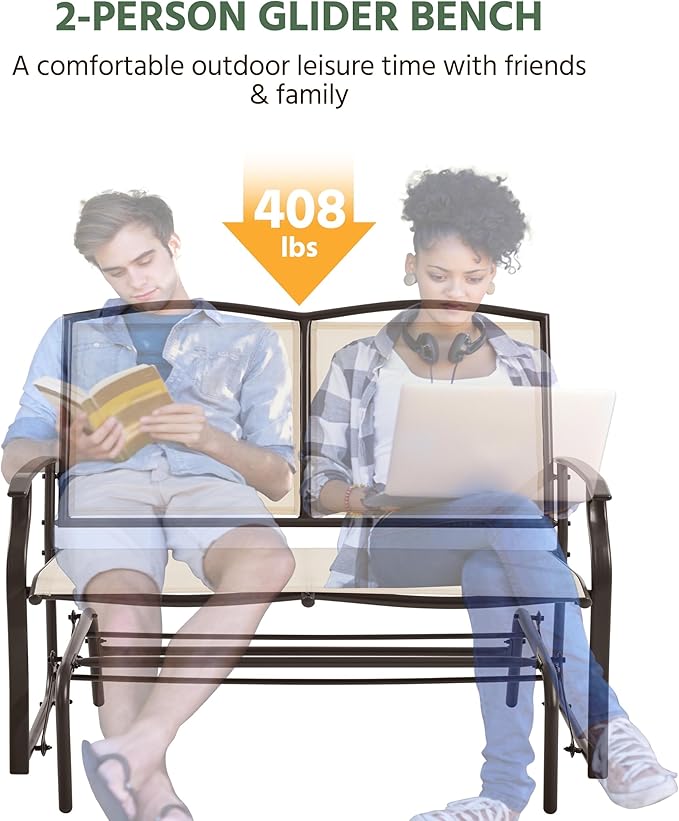 Yaheetech Outdoor Glider 2-Person Outdoor Glider Bench, Patio Chair, Rocking Patio Chairs Outdoor Loveseat for Backyard, Poolside, Garden,Porch, Heavy Duty Steel Frame, Beige