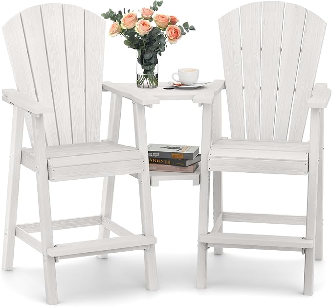 Ciokea Tall Adirondack Chairs Set of 2, HDPE Outdoor Adirondack Bar Stools with Double Connecting Tray, Weather Resistant High Back Adirondack Balcony Chairs for Deck, Lawn, Pool, Backyard, White