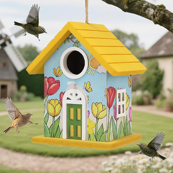 Wooden Bird Houses Bird House for Outside Yellow Wood Bird House for Outdoors,Handmade Painted Tulips Bird Houses for Garden Blue Bird Hummingbird Wren Cardinal Swallow Sparrow Finch Chickadee