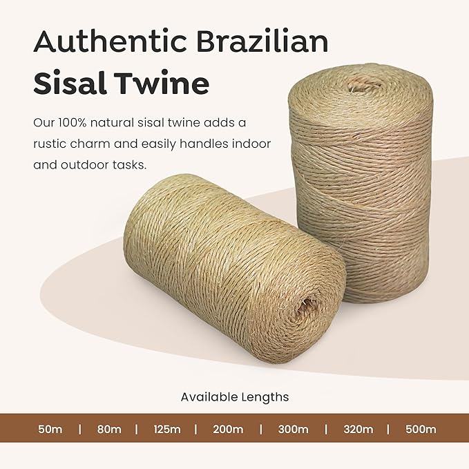 Premium Brazilian Sisal Twine, Natural Fiber 100% Sisal, Heavy-Duty, Ultra Durable, Ideal for DIY Projects, Home Decor, Gardening, Crafting, Gifting, Wrapping (262 ft / 80 m Coil)