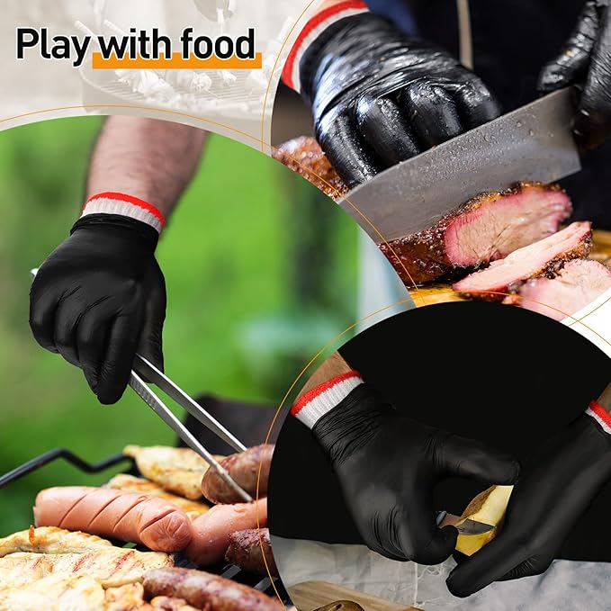 Janmercy 200 Pcs Disposable BBQ Nitrile Gloves with 4 Pairs Cotton Liners Grilling Cooking Cleaning Gloves for Smoker Meat(Large,Black, White)