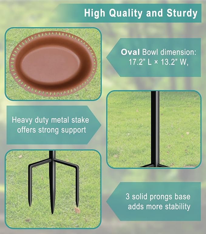 Garbuildman Extra-Large Freestanding Birdbaths Bowl, Detachable Decoration Spa with Metal Stake Stand & Birdfeeder for Outdoor Garden, Oval Style, Chocolate