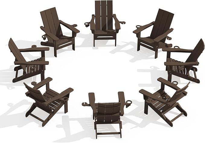 SERWALL Modern Adirondack Chairs Set of 8, Folding Adirondack Chair with Cup Holders, Outdoor HDPE Adirondack Chair for Patio Lawn Garden, Coffee