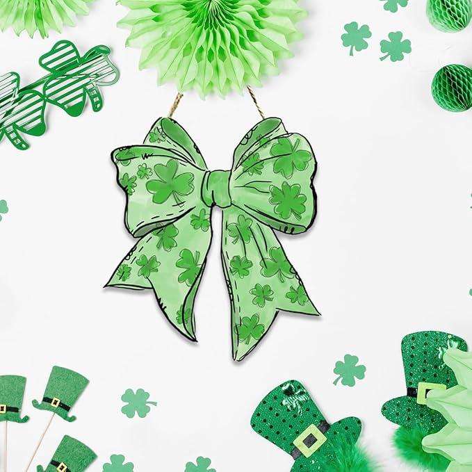St Patricks Day Door Decorations, St Patricks Day Decorations, Shamrock Door Decoration, Lucky Charm Shamrock Bow Wood Hanging Sign for Office Party Porch Yard Outdoor Indoor Home Decor