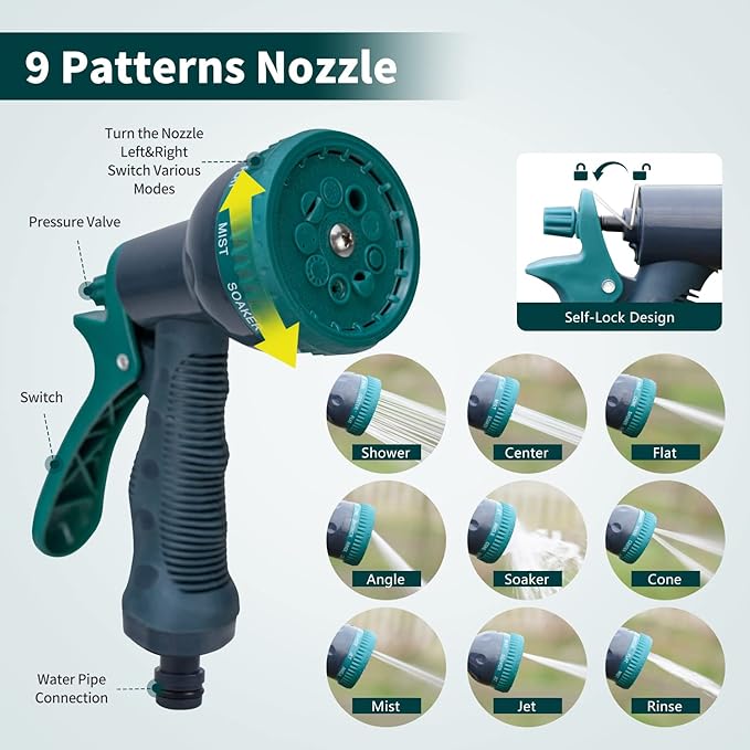 Berry&Bird Garden Portable Hose Reel, 1/2 inch x 65+6FT Wall/Floor Mounted Water Hose Holder, Garden Hose Reel Outdoor Water Pipe with 9 Pattern Hose Nozzle for Outside Gardening Car Cleaning Watering