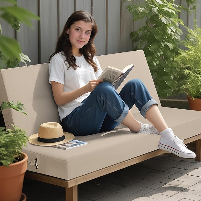 idee-home Outdoor Bench Cushion Waterproof, Bench Cushions for Outdoor Furniture, Patio Porch Swing Replacement Seat Pad with Ties for Garden Backyard, 42 x 18 Inch Beige