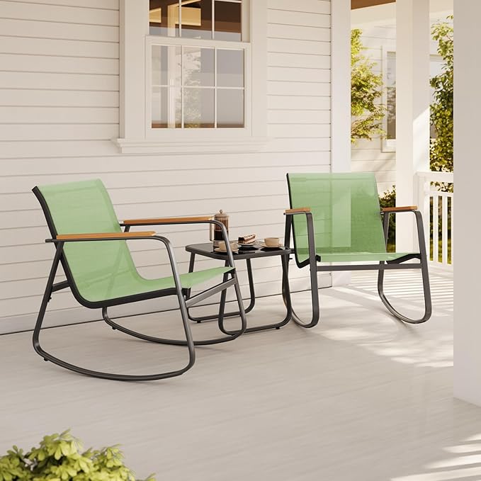 Aiho 3 Piece Patio Bistro Set, Textilene Outdoor Furniture Set with Patio Rocking Chairs with Wooden Armrests and Glass Table for for Lawn, Porch, Balcony, Poolside(Green)