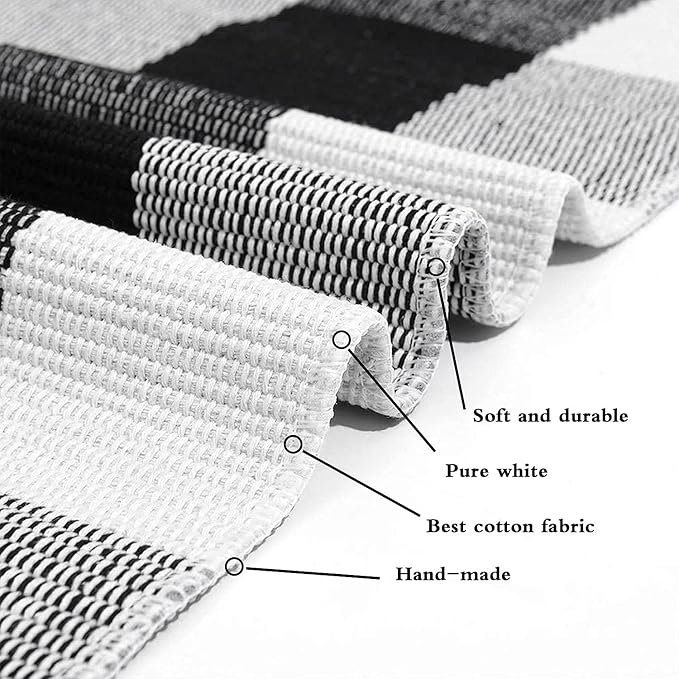 SEEKSEE Cotton Buffalo Plaid Rug 24"x52" Black and White Checked Rug Washable Doormats Indoor Outdoor Rugs for Layered Front Door Mats, Porch, Kitchen, Farmhouse, Entryway