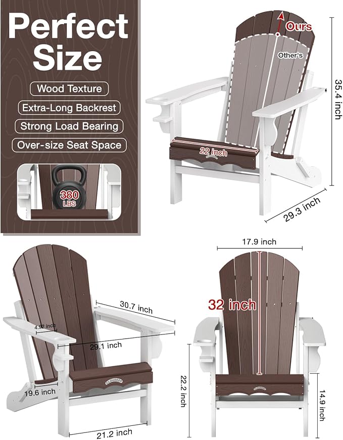 Folding Adirondack Chair –Recyclable HDPE Outdoor Adirondack Patio Chair with Cup Holder, Wood Texture & Umbrella Hole, 25-Year Fade-Free All Weather for Fire Pit, Porch, Poolside, Deck, Brown & White