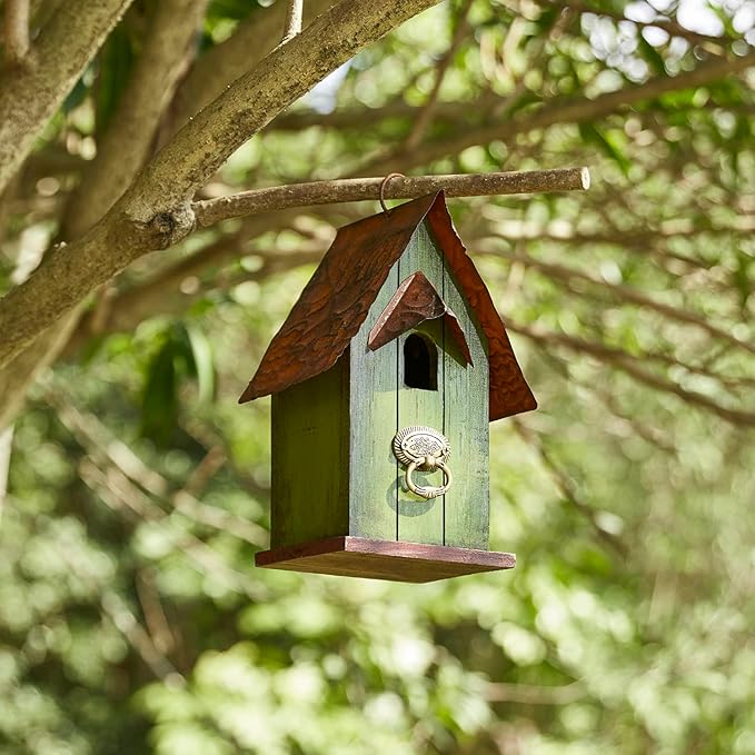 Glitzhome Bird Houses for Outside,10" H Rustic Wooden Bird House Garden Distressed Decorative Birdhouse for Outdoors, Hanging Birdhouse for Bluebird Hummingbird Wren Finch Cardinals Cedar