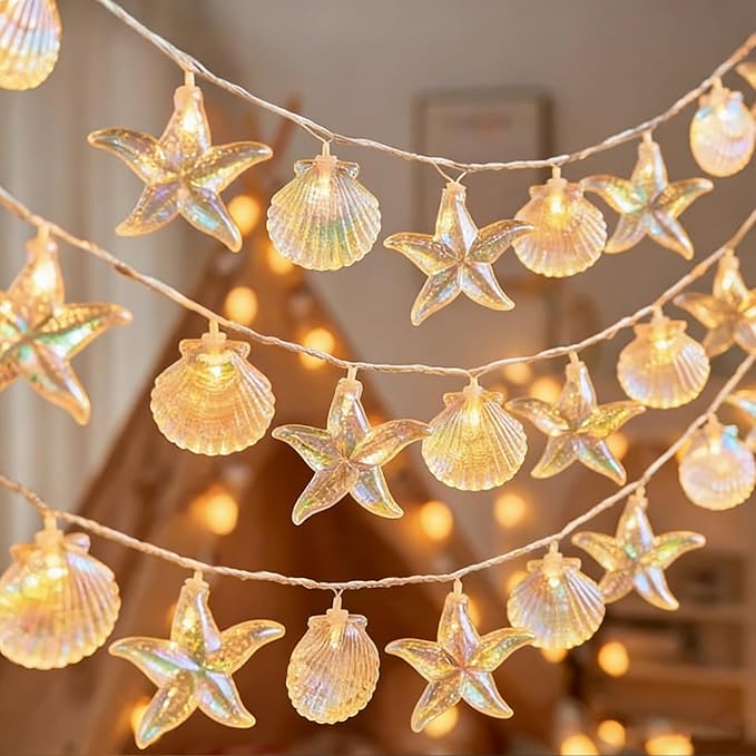 Starfish Shell String String Light 9.8FT 20 LED Lights with Battery Operated Warm White LEDs, Ocean Theme for Holiday Party, Wedding, Garden Decoration (Shell Star Seahorse, 9.8 FT)