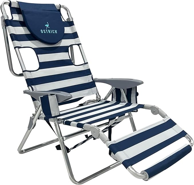 Ostrich Deltess 3N1 Portable Tanning Chair, Reclining Outdoor Lounger, and Cooler Bag, Lightweight and Adjustable, Striped Blue and White