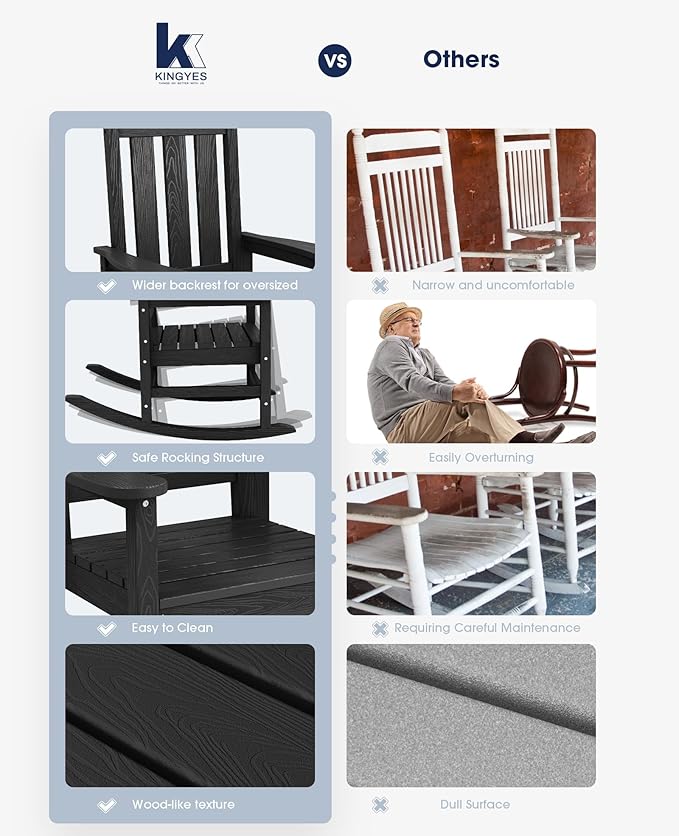KINGYES Outdoor Rocking Chair Set of 2, All-Weather Patio Rocking Chairs for Porch, HDPE Rocking Outdoor Chairs with High Back for Adult, Heavy Duty Outdoor Patio Rockers for Garden, Lawn, Black