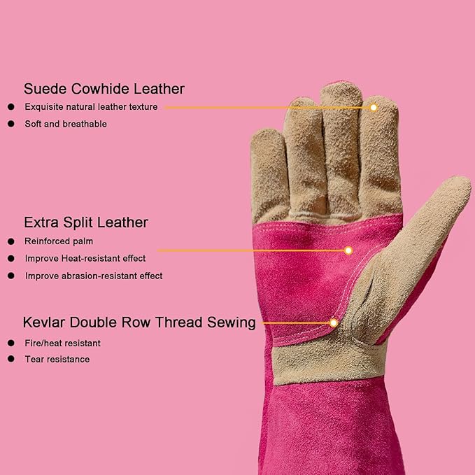Gardening Gloves for Women, Long Thorn Proof Garden Gloves for Yard Work, Heat Resistant Leather Gloves for Welding, BBQ, Cooking, Fireplace, Chainsaw, Utility, Durable (Rose Red, X-Small)
