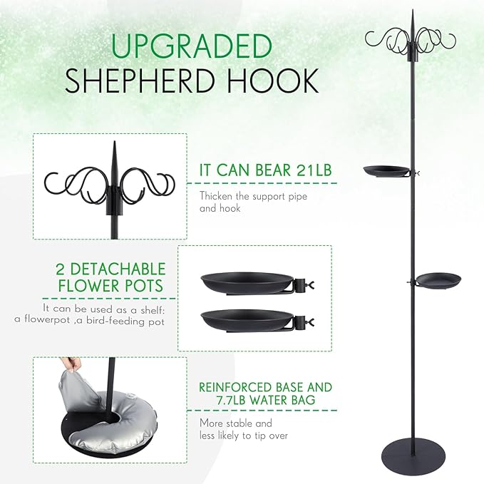 1 Set 75.9" Shepherd's Hook Stand for Bird Feeder, Hanging Plant, Wind Chime, Waterproof Metal & Adjustable Standing Pole Holder for Indoor Outdoor, with 2 Rack & Weight Bag (4 Hooks)