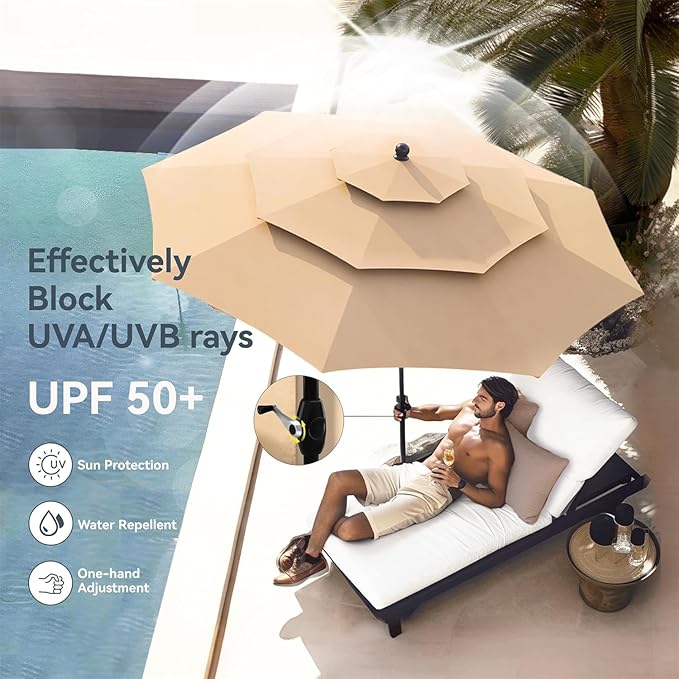 PHI VILLA 5 Piece Outdoor Dining Set with Umbrella for 4, 37" Square Metal Wood-top Dining Table & Wicker Rattan Chairs with Cushions & 10ft Beige Umbrella for Patio, Deck, Backyard, Porch