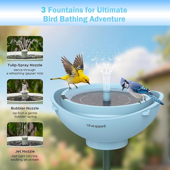 Sheggell Smart Bird Bath, 2L Large Capacity with Water Circulating Filtration, Solar Bird Bath with 3 Fountain Modes, Hanging & Freestanding Design, IPX6 Waterproof, Birdbath for Yard