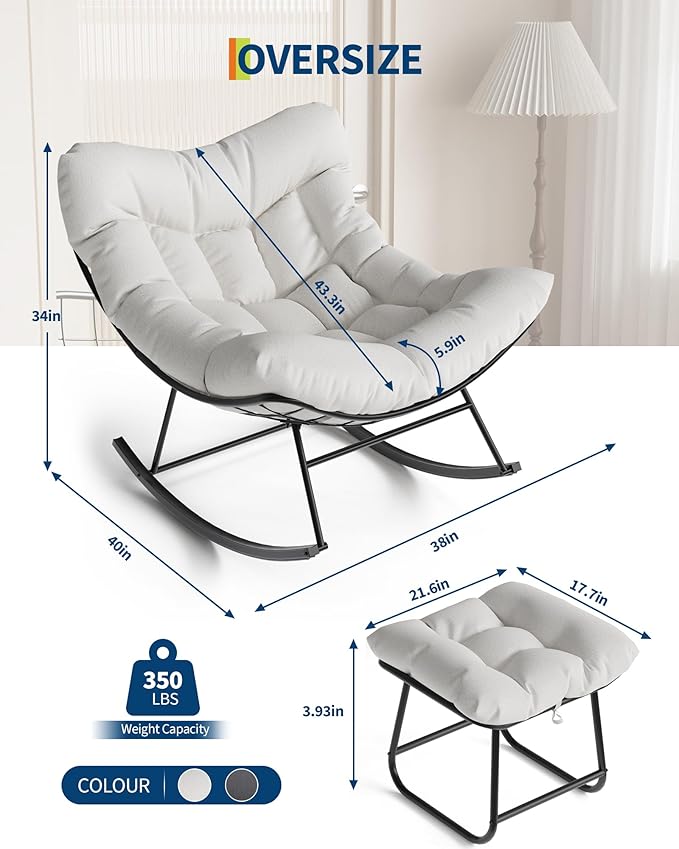 GarveeLife Outdoor Oversized Papasan Rocking Chair with Footrest, Patio Lounge Chair with Ottoman and Sturdy Metal Frame, Patio Rattan Egg Rocker for Balcony Backyard Porch Bedroom, White