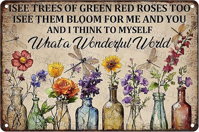 Dragonfly Metal Tin Sign Garden Decor What A Wonderful World Flowers Vintage Signs For Boho Garden Home Patio Decor 8x12 Inch