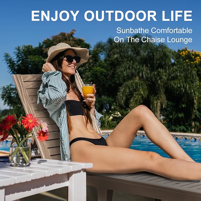 EasyUp Resin Chaise Lounge Chairs with 5-Position Backrest, UV & Fade-Resistant, Waterproof for Garden, Pool, Beach & Patio (Set of 1-Grey)