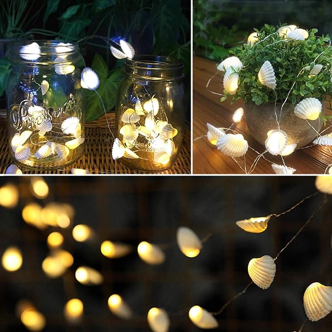 Beach Seashell Decorative String Lights 14.1Ft 40 Warm White LED Waterproof Battery Operated Ocean String Lights for Bedroom Wedding Holiday Party Garden Indoor Outdoor Decorations