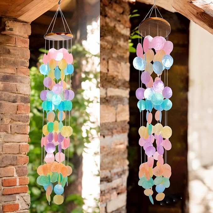 ASTARIN Capiz Shell Wind Chime for Outside 35” Seashell Wind Chimes, Handcrafted Rainbow Capiz Shells Windchime Coastal Style,Unique Outdoor Garden Decor Gift for Women Mother’s Day