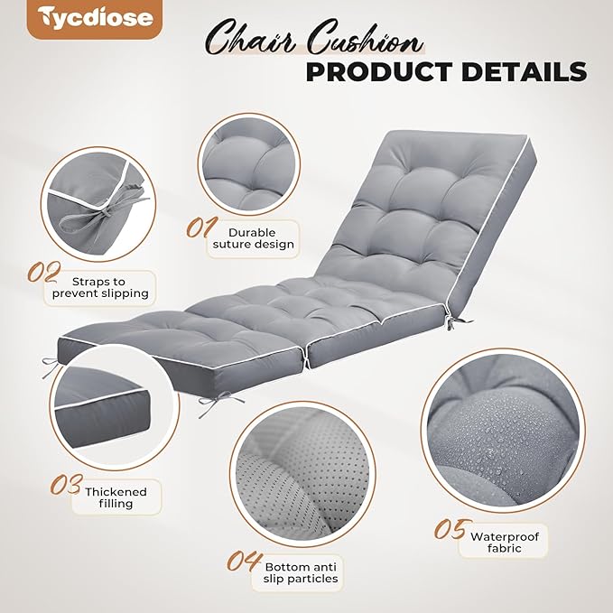 Outdoor Chaise Lounge Chair Cushion, Non-Slip Patio Chaise Lounge Cushions Waterproof for Outdoor Furniture, Thickened Patio Pool Lounger Chair Cushion, 76.4 x 22.8 x 4.7 Inches, Grey