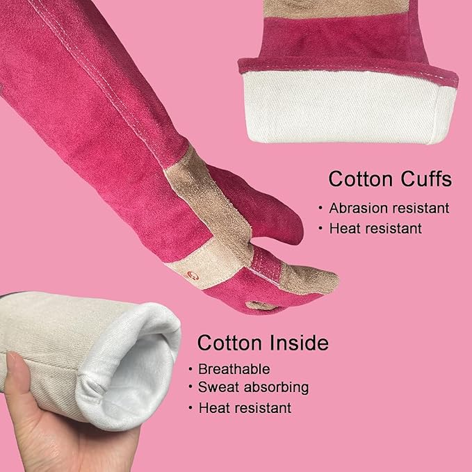 Gardening Gloves for Women, Long Thorn Proof Garden Gloves for Yard Work, Heat Resistant Leather Gloves for Welding, BBQ, Cooking, Fireplace, Chainsaw, Utility, Durable (Rose Red, X-Small)