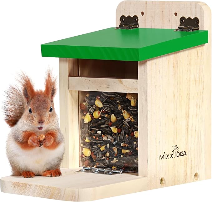 MIXXIDEA Squirrel Feeders for Outside Garden, Wooden Squirrel Feeder Box,Squirrel Feeding Stations with Green Cover, Easy to Fill Squirrel Feeding House(Green-1pk)