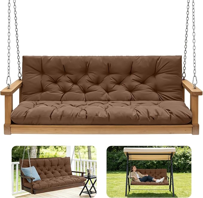 Porch Swing Cushions,Outdoor Cushions 3 Seater Replacement with Backrest, Waterproof Thickened Bench Cushion with Ties for Porch, Patio,Outdoor, Backyard and Garden (Coffee 47 * 40 in)