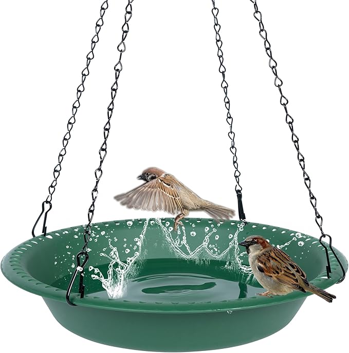 Bird Bath for Outside Heavy Duty, 14 inch BirdBath Bowl Only with 25” Rust-Proof Black Chains for Outdoor, Hanging Bird Bath Hanging Bird-Feeder for Garden Backyard Decor (Green 1 Pack)