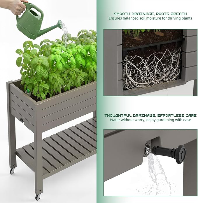 EasyUp 21 Gallon Raised Garden Bed with Legs and Wheels, Raised Planter Box with Drainage Plug and Gauge, Lower Shelf for Tools and Accessories, Dust-Proof Resin for Patio and Backyard(Light Brown)