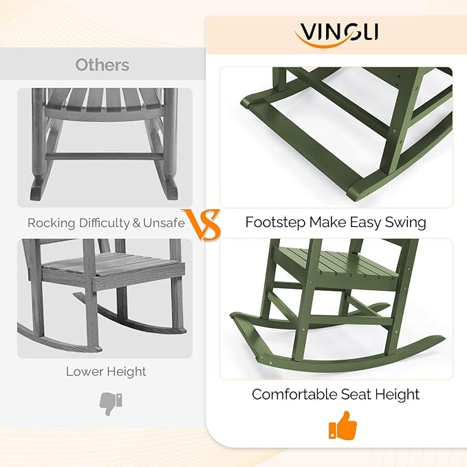 VINGLI Outdoor Rocking Chair with Footrest, Wooden Rocking Chair with 450 LBS Weight Capacity, Patio Rocker with Comfortable Backrest for Garden, Yard (Dark Green, 1PC)