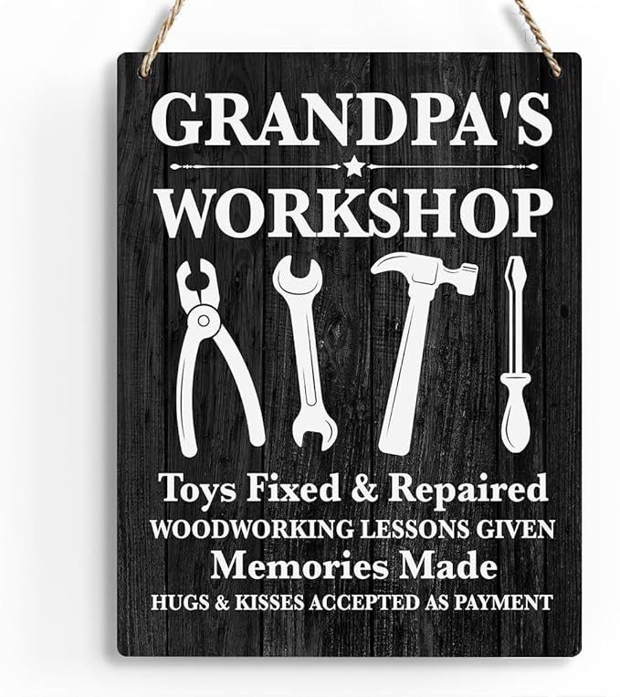 Grandpa's Workshop Wooden Hanging Sign, Garage Signs for Grandpa, Garage Decor for Grandfather's, Grandpa Gift, Man Cave Decor, Father's Day Housewarming Birthday Gifts for Dad Grandpa, 8x10 Inches