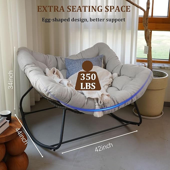 Rocking Papasan Chair, Oversized Outdoor Rocking Chair Rattan Rocking Chair with Deep Seat Thick Cushion, Patio Rocking Chair for Indoor/Porch/Garden (Light Grey & Black)