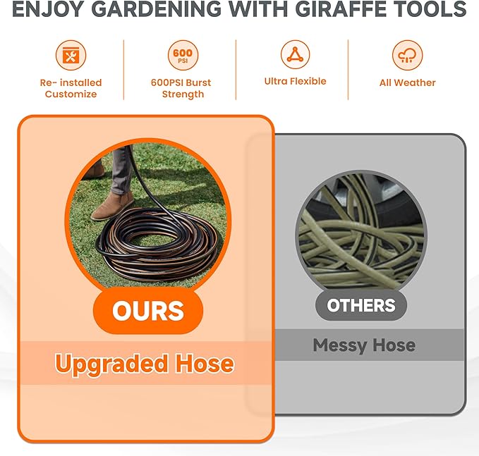 Giraffe Tools Garden Hose 5ft x 5/8", Custom Length, Heavy Duty, No Kink, Flexible, Rubber Garden Hose, Leakproof Water Hose, 5ft Female to Female Hose, 600 Burst PSI