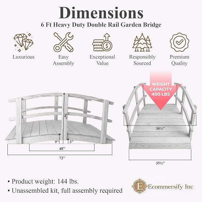 6 FT White Amish Made Garden Bridge with Double Rails for Walkway, Backyard Pond & Landscaping, Outdoor Wooden Footbridge for Koi Pond, Japanese Style Decorative Bridge, Made in USA