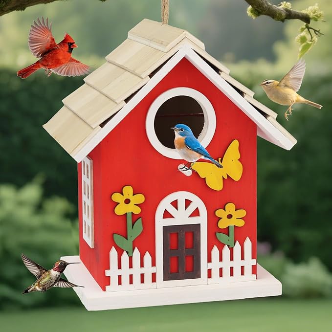 Wooden Bird Houses Bird House for Outside,Red Wood Bird House for Outdoors, Nesting Box with Sturdy Rope, Haing Bird Houses for Garden Blue Bird Hummingbird Wren Cardinal Swallow Sparrow Finch