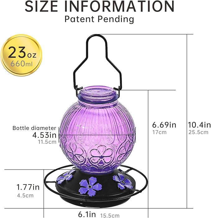 Glass Hummingbird Feeders for Outdoors Hanging, 23Oz Humming Bird Nectar Feeders with Perch, 5 Flower Feeding Ports, Leak Proof Base and Hook for Garden Decor, Gifts for Mom Women (Purple)