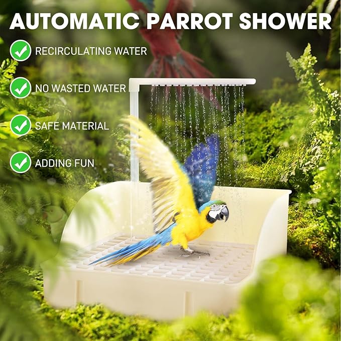 Automatic Bird Bath Large Bird Shower Circulating Large Parrot Bathtub Fountain for Parakeet, Cockatiel, Conure, Budgie, Lovebird, African Grey (White)