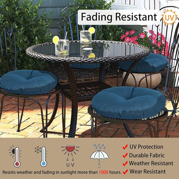 Magpie Fabrics Outdoor 15"x15"x4" Round Bistro Seat Cushions with Ties Set of 2, Tufted Waterproof Patio Floor Chair Pads for Home Garden Balcony Kitchen Office Porch, Dark Blue